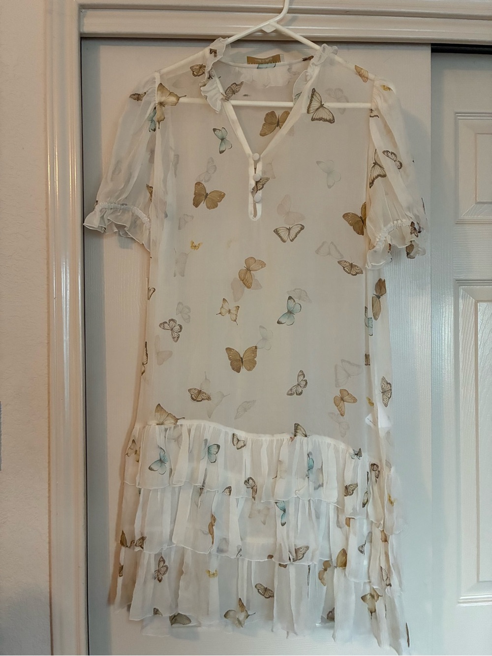 Sheer Butterfly Tiered Midi Dress in Cream